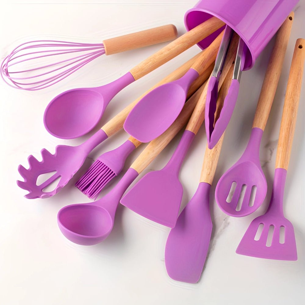 BambooVerve Elegant Silicone Kitchen Utensil Set – 12 - Piece Collection for Stylish, Scratch - Safe Cooking - All Around Casa