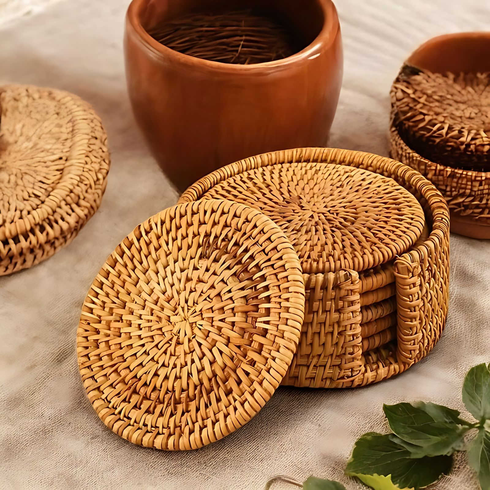 Cestino Bamboo & Rattan Coaster Set – Natural Elegance for Coffee & Tea Moments - All Around Casa