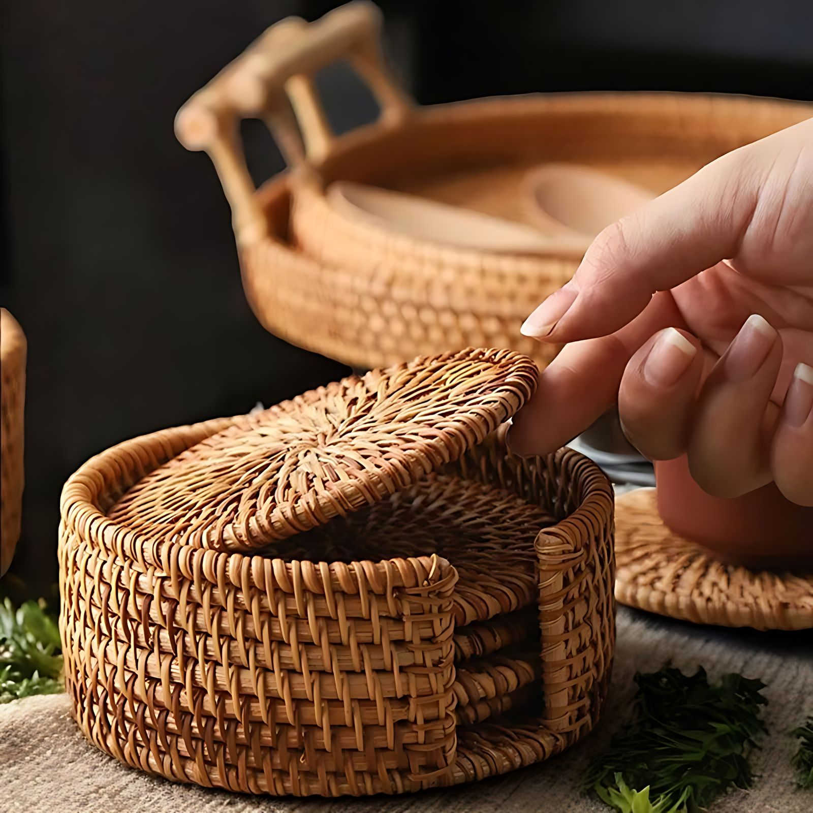Cestino Bamboo & Rattan Coaster Set – Natural Elegance for Coffee & Tea Moments - All Around Casa