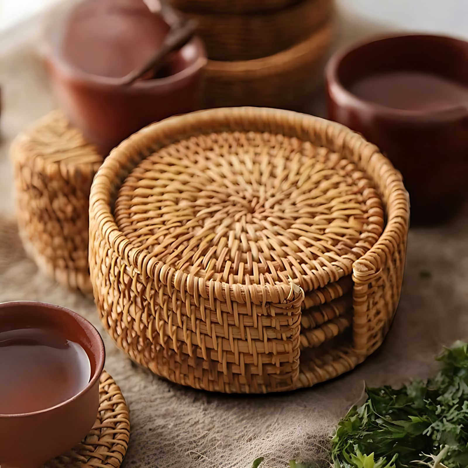 Cestino Bamboo & Rattan Coaster Set – Natural Elegance for Coffee & Tea Moments - All Around Casa