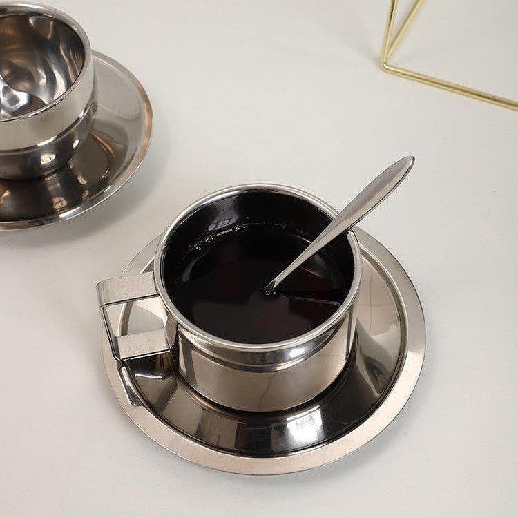 Clarke Polished Steel Coffee Cup & Saucer – Modern Elegance with Double - Wall Insulation - All Around Casa