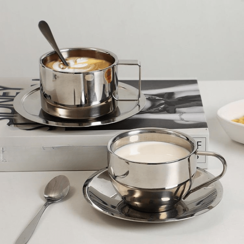 Clarke Polished Steel Coffee Cup & Saucer – Modern Elegance with Double - Wall Insulation - All Around Casa