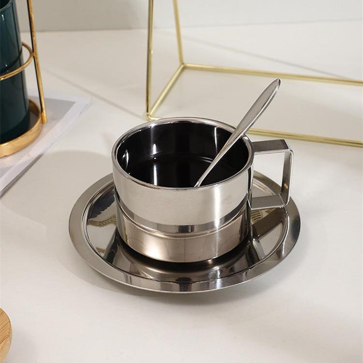 Clarke Polished Steel Coffee Cup & Saucer – Modern Elegance with Double - Wall Insulation - All Around Casa