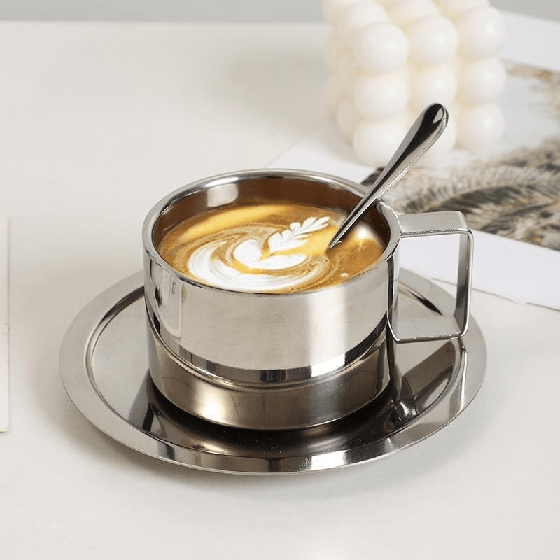 Clarke Polished Steel Coffee Cup & Saucer – Modern Elegance with Double - Wall Insulation - All Around Casa