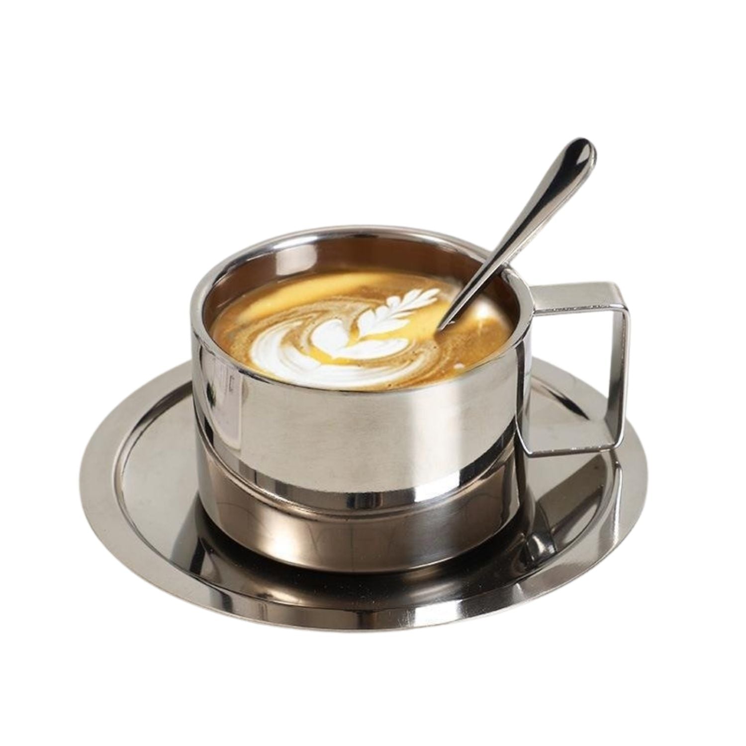 Clarke Polished Steel Coffee Cup & Saucer – Modern Elegance with Double - Wall Insulation - All Around Casa