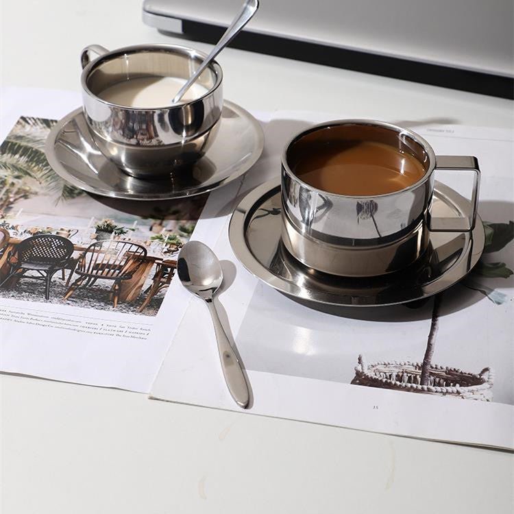 Clarke Polished Steel Coffee Cup & Saucer – Modern Elegance with Double - Wall Insulation - All Around Casa