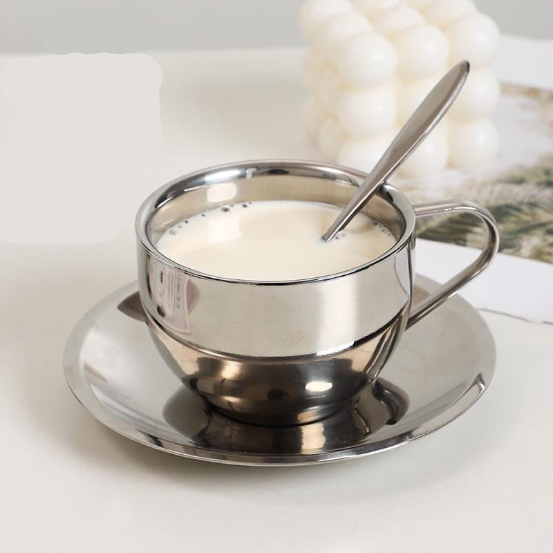 Clarke Polished Steel Coffee Cup & Saucer – Modern Elegance with Double - Wall Insulation - All Around Casa
