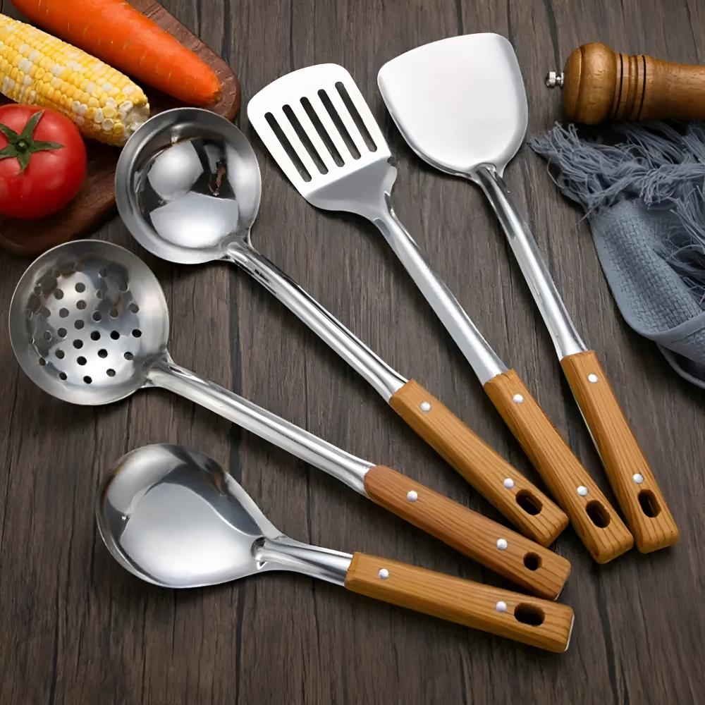 CulinaVerve – Elegant Stainless Steel Kitchen Set with Refined Wooden Handles for Modern Cooking - All Around Casa