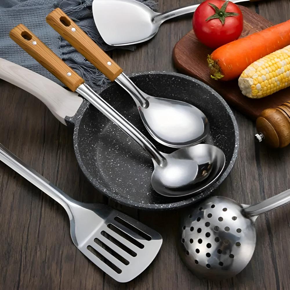 CulinaVerve – Elegant Stainless Steel Kitchen Set with Refined Wooden Handles for Modern Cooking - All Around Casa
