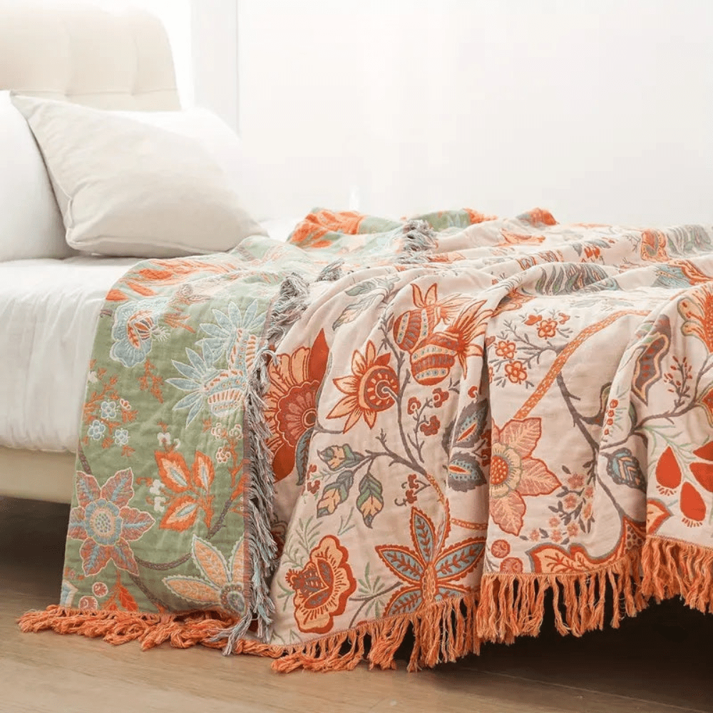 FloraHaven Luxe Boho Cotton Throw Blanket – Elegant Floral Accent for Stylish Living Spaces - All Around Casa