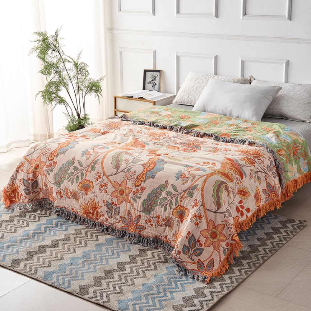 FloraHaven Luxe Boho Cotton Throw Blanket – Elegant Floral Accent for Stylish Living Spaces - All Around Casa