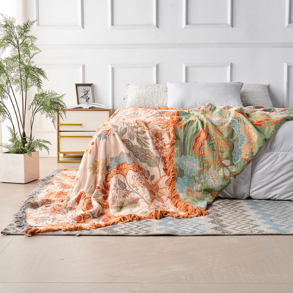 FloraHaven Luxe Boho Cotton Throw Blanket – Elegant Floral Accent for Stylish Living Spaces - All Around Casa