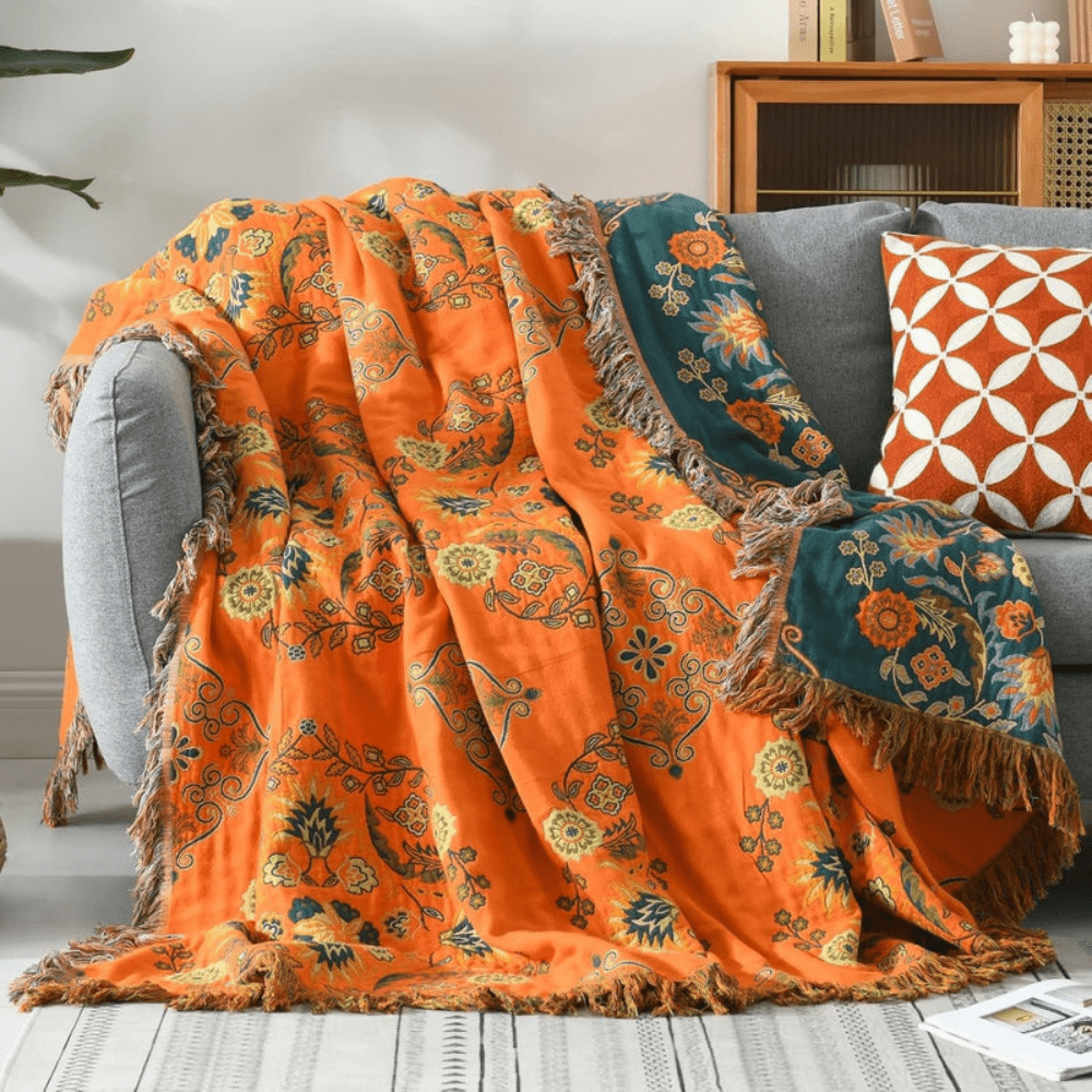 FloraLoom Luxe Reversible Cotton Throw Blanket – Vintage Orange & Teal Charm for Elegant Living - All Around Casa