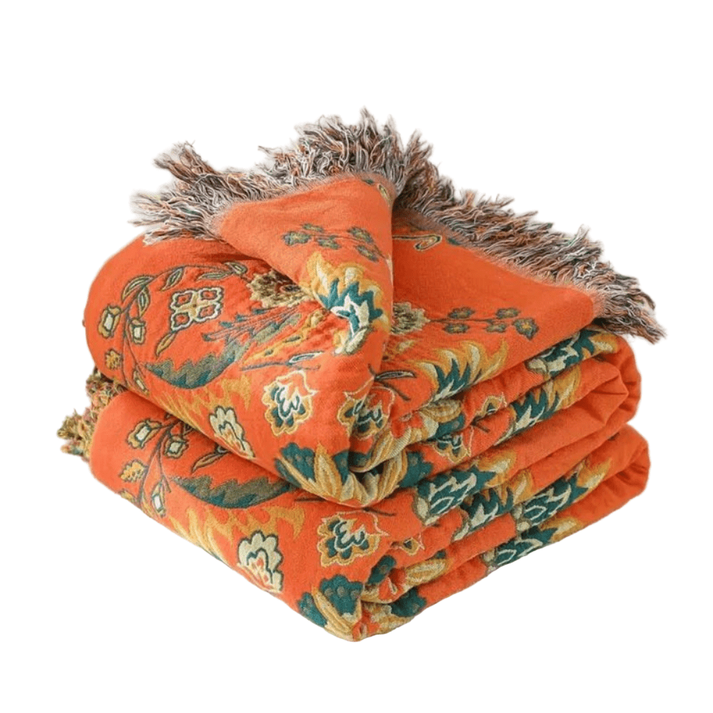 FloraLoom Luxe Reversible Cotton Throw Blanket – Vintage Orange & Teal Charm for Elegant Living - All Around Casa