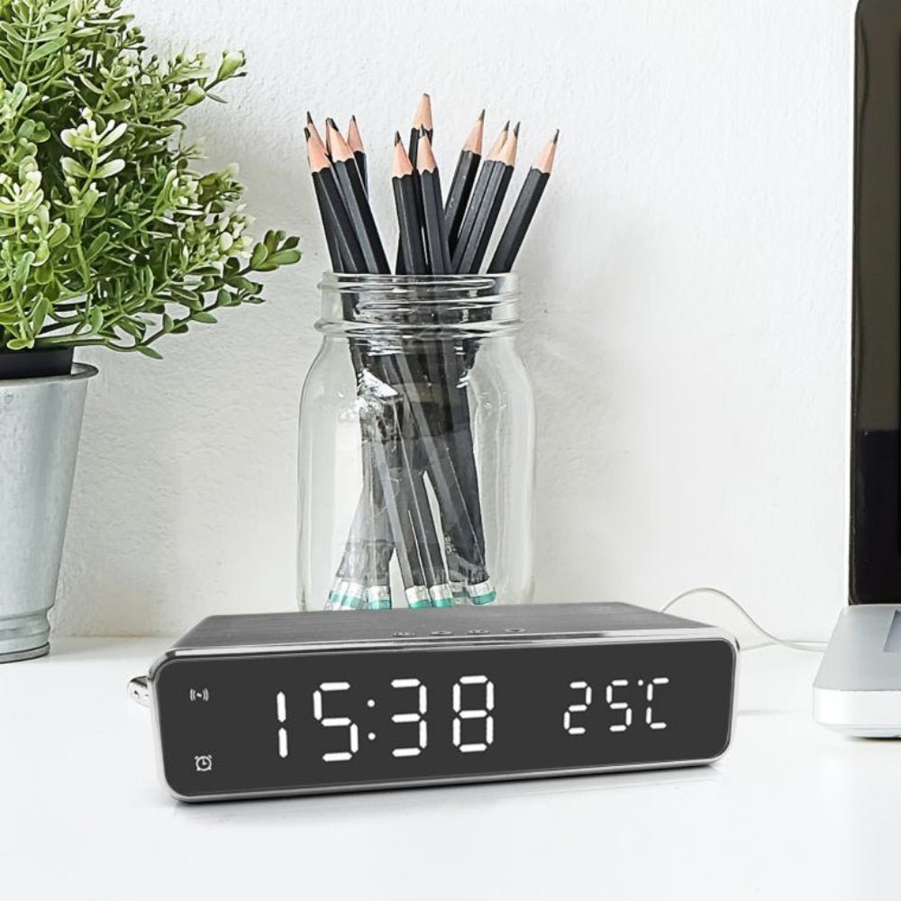 LumiCharge Elegant LED Alarm Clock with Wireless Charging Pad for a Modern Nightstand - All Around Casa