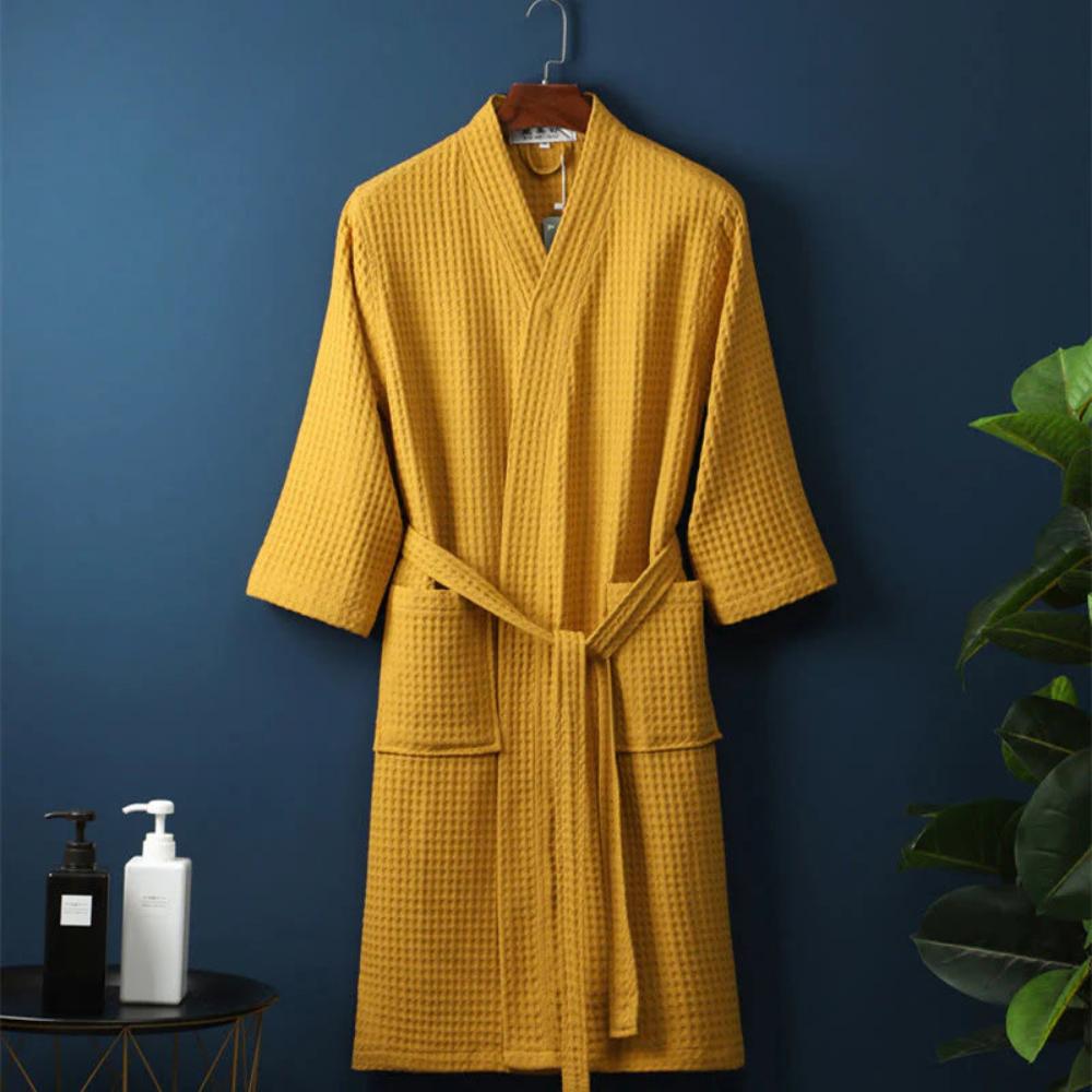 LumiWeave – Elegant Cotton Waffle Robe with Refined V - Neck for Relaxed Evenings - All Around Casa