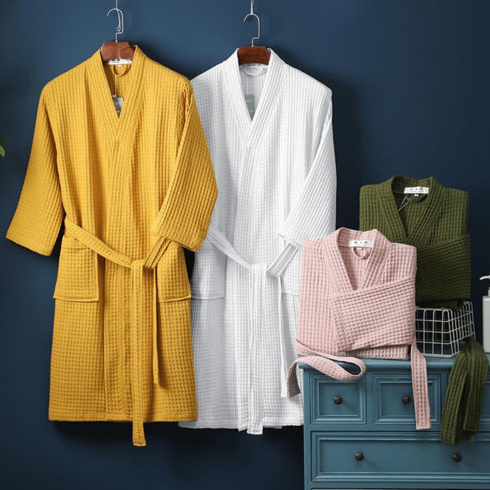 LumiWeave – Elegant Cotton Waffle Robe with Refined V - Neck for Relaxed Evenings - All Around Casa