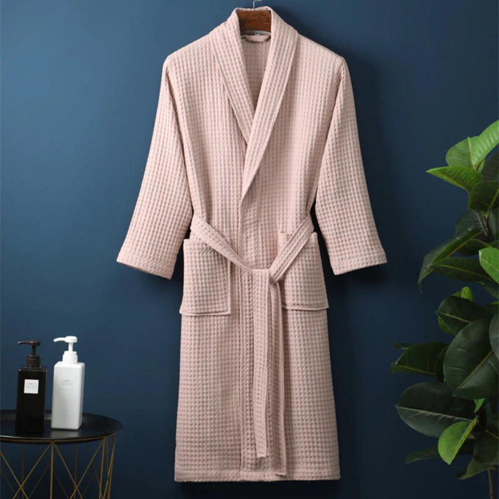 LumiWeave – Elegant Cotton Waffle Robe with Refined V - Neck for Relaxed Evenings - All Around Casa
