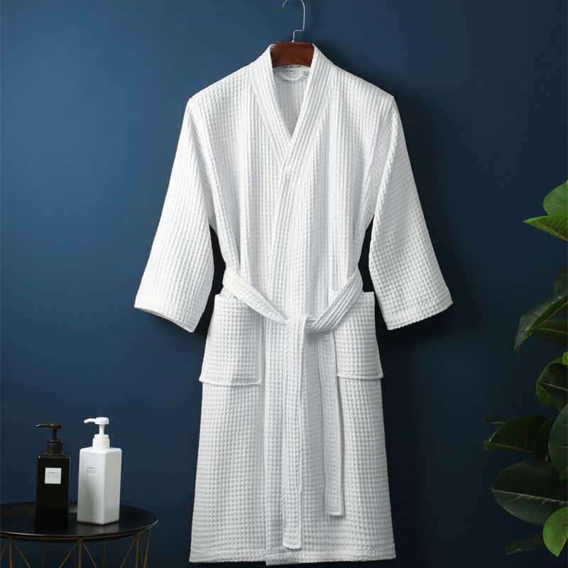 LumiWeave – Elegant Cotton Waffle Robe with Refined V - Neck for Relaxed Evenings - All Around Casa