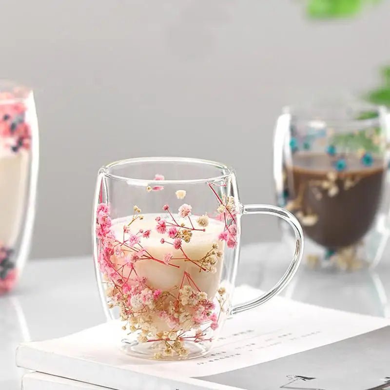 Petalia Bloom Glass Coffee Mug – Elegant Dual - Layer Design for Refined Moments - All Around Casa