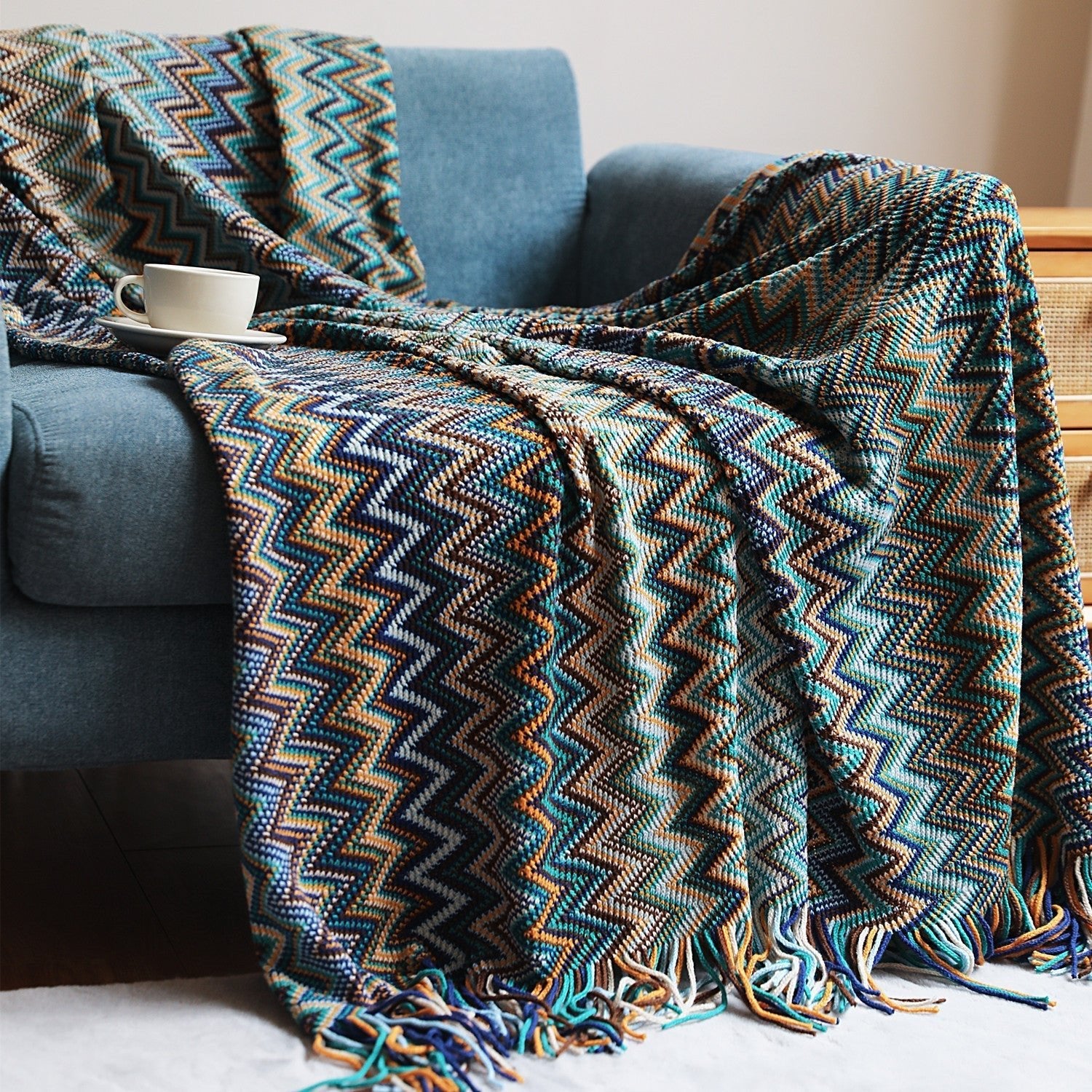 Zahara Luxe Chevron Throw Blanket – Bohemian Charm with Earthy Warmth - All Around Casa